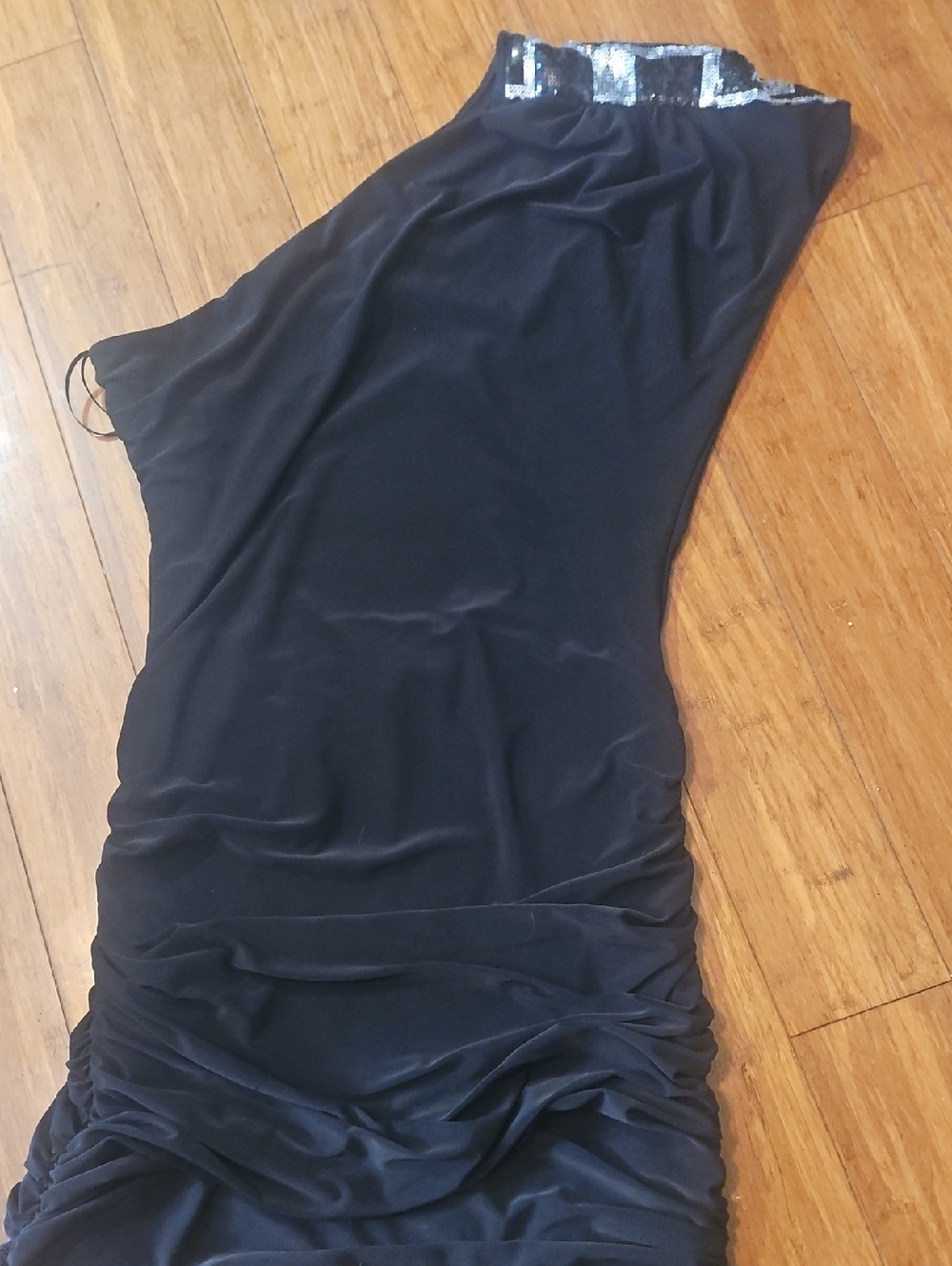 Black One-Shoulder Ruched Dress with Sequin Shoulder